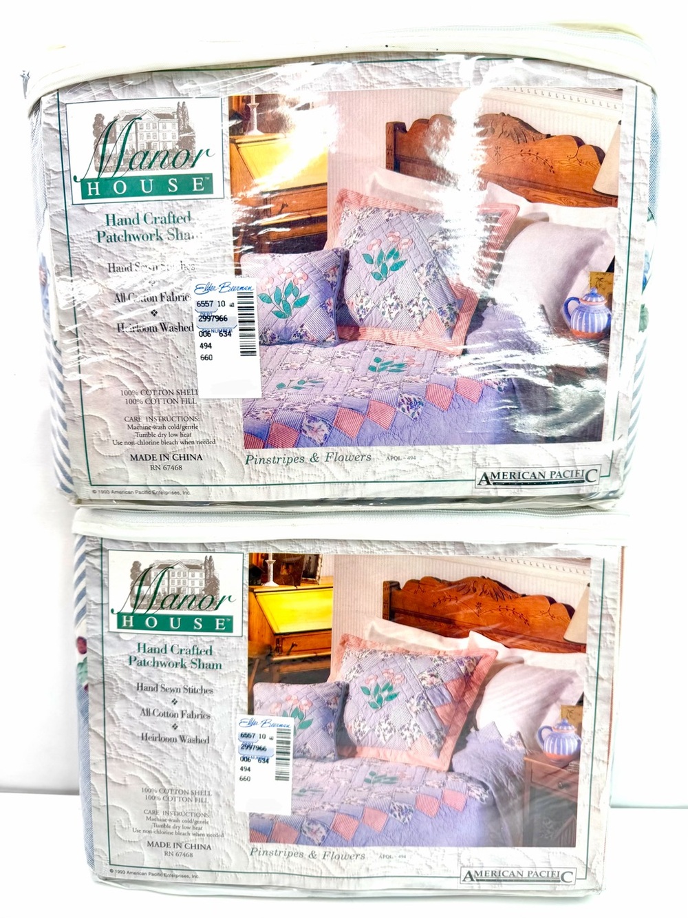 American Pacific Blue Pink Pinstripes & Flowers Floral Patchwork Pillow Shams